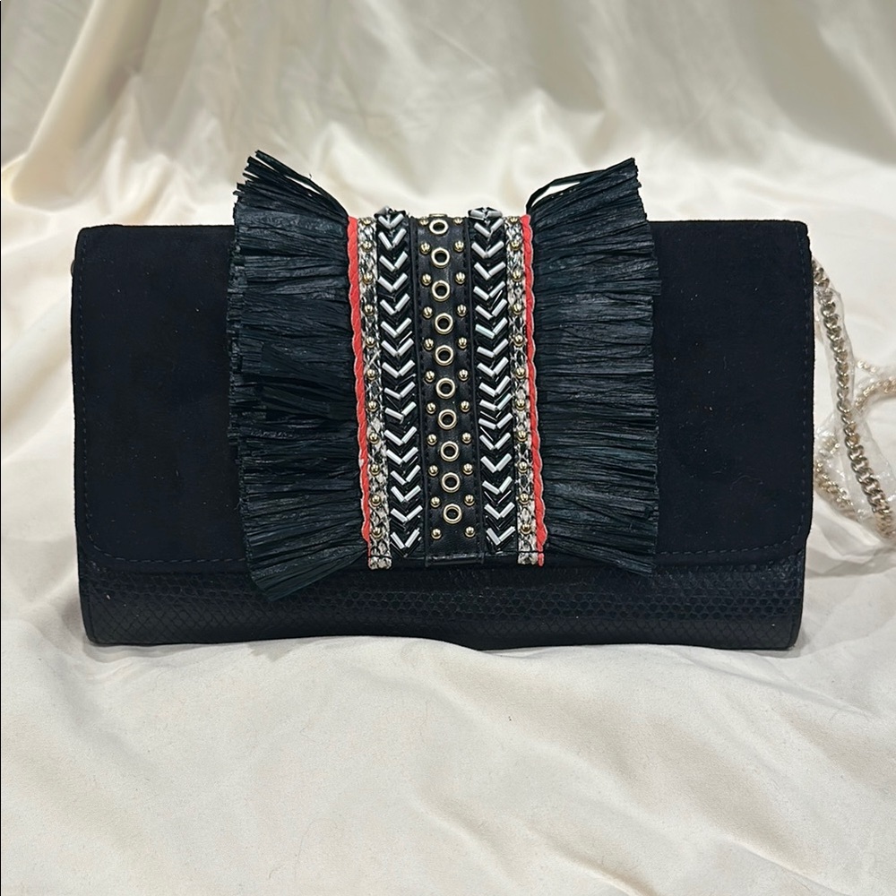 Miss KG Black Fringed Clutch with Chain Strap